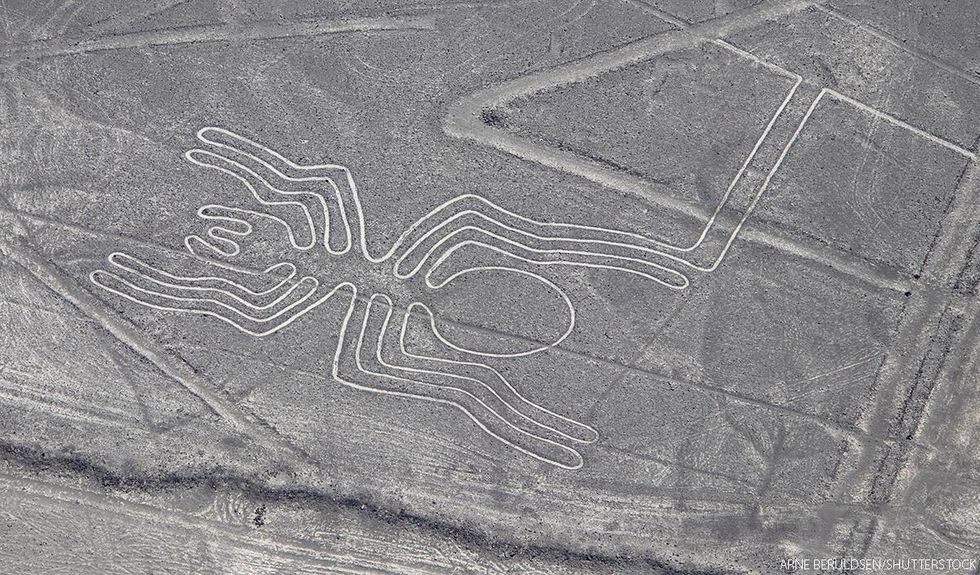 A linear geoglyph of a spider at the Nazca Lines in Peru.