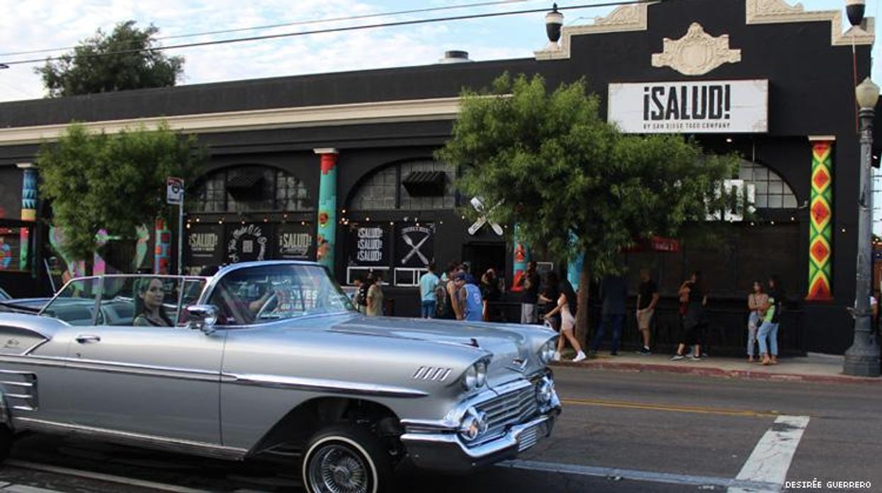 A lowrider in front of Salud! in San Diego's Barrio Logan