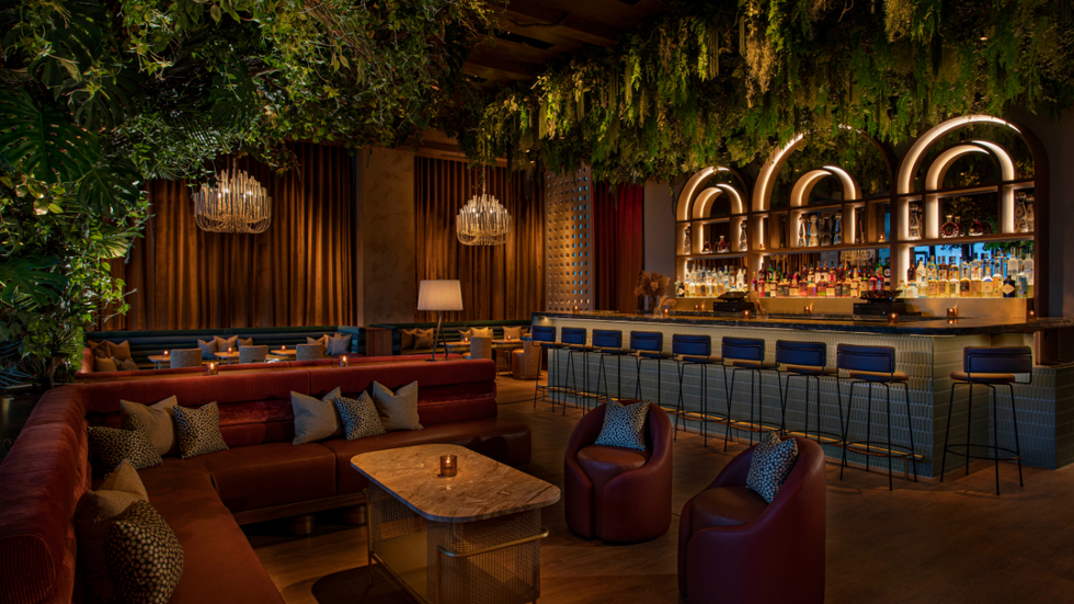 a photo of a bar with greenery