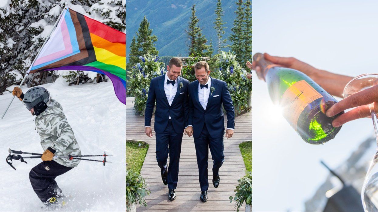 A skier with a trans pride flag, a gay wedding, and a bottle of champagne are all what makes Aspen Snowmass a powdery playground for outdoor