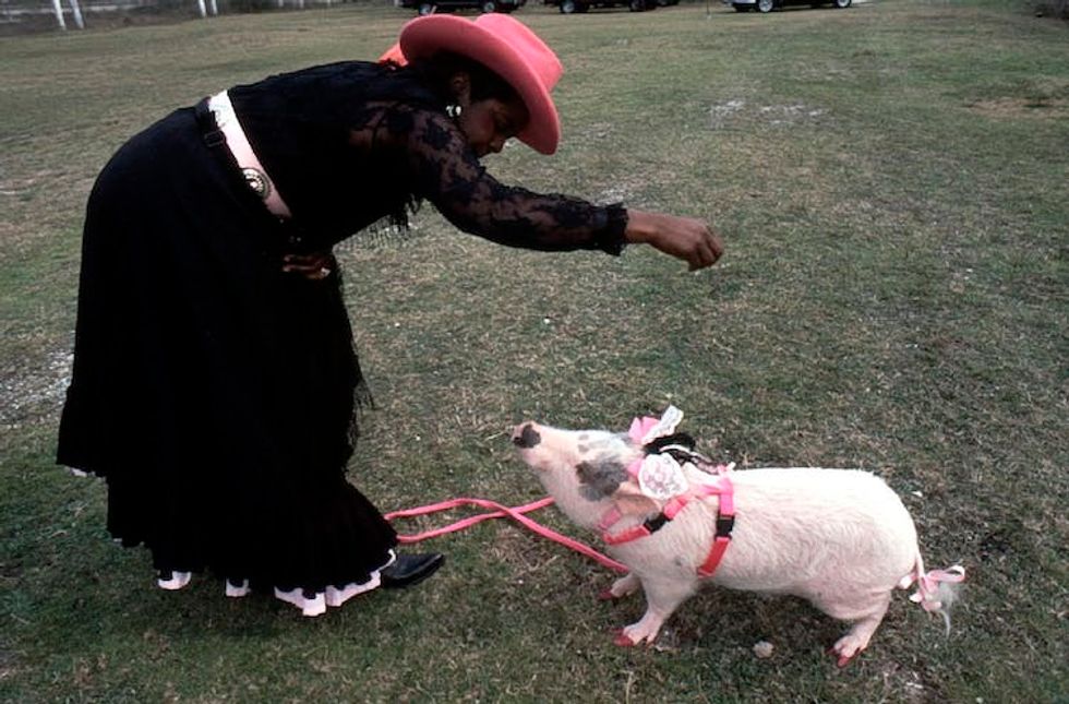 A woman in a pink cowboy hat feeds her pig.
