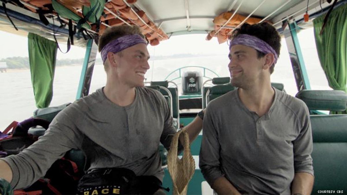 Amazing Race 32 competitors Will and James on boat