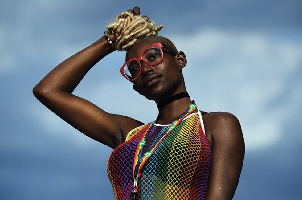 An attendee at the annual Miami Gay Pride Parade on Ocean Drive in South Beach