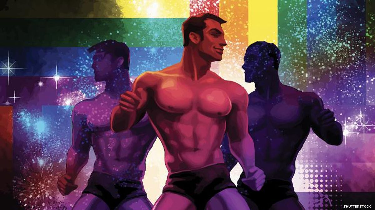 Art of three men without shirts dancing in disco with rainbow flags