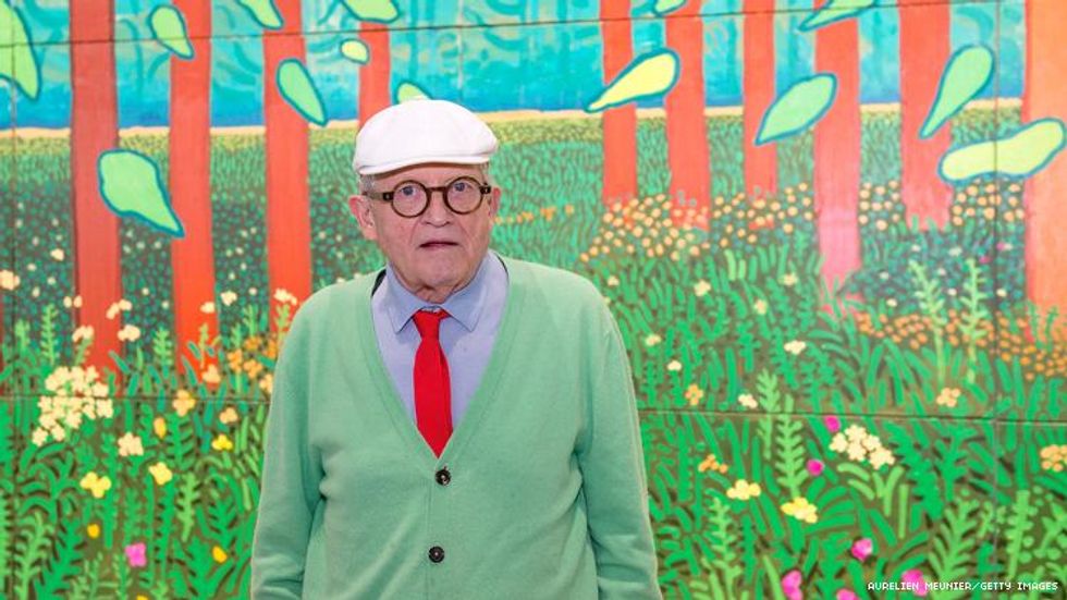 Artist David Hockney with his 2011 work Arrival of Spring