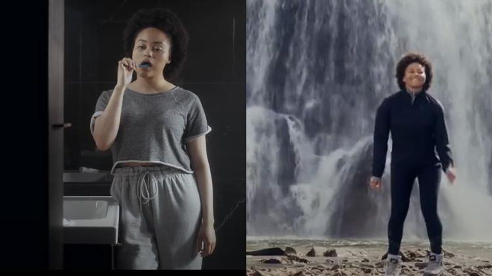 before and after images from sweatpant boots ad from Iceland