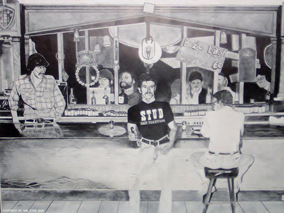 Black and white mural of The Stud gay bar