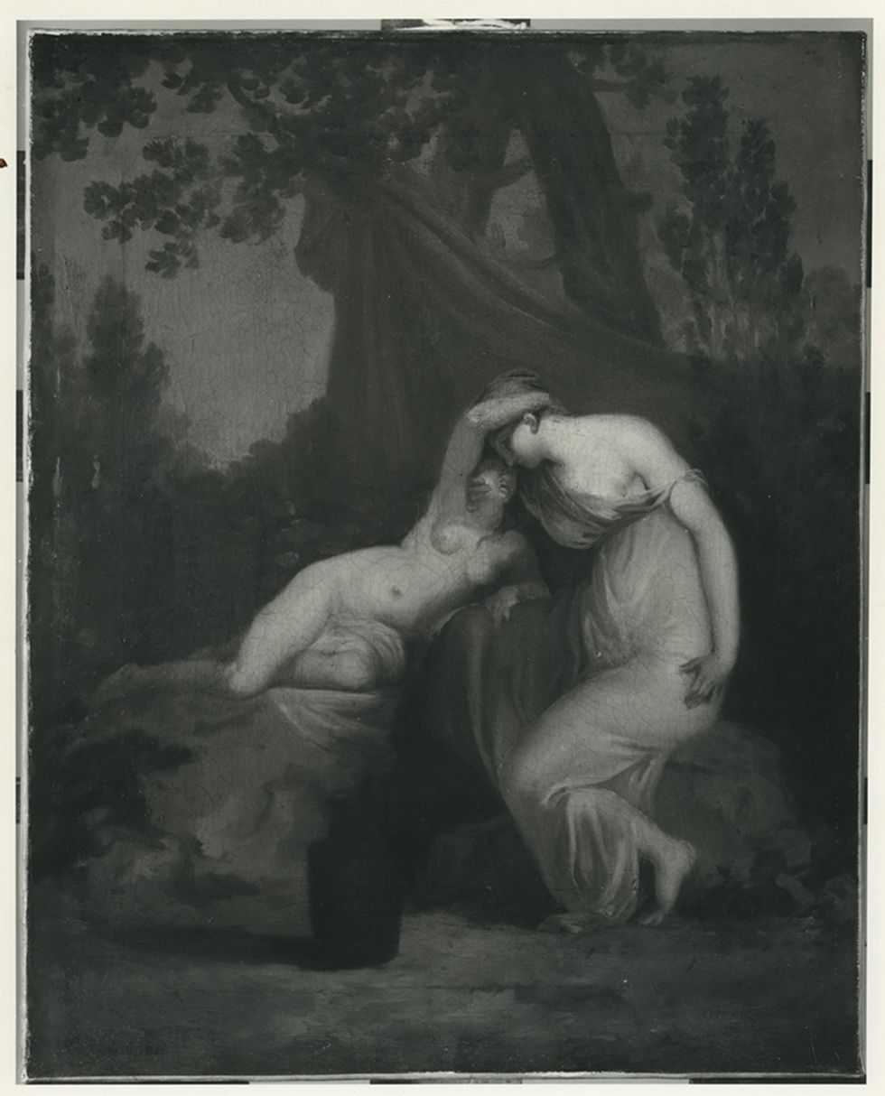Black and white photograph of a classical painting with two women kissing