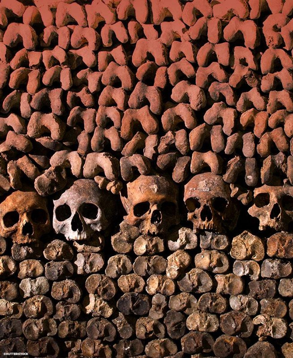 Bones and skulls stacked in the Paris catacombs