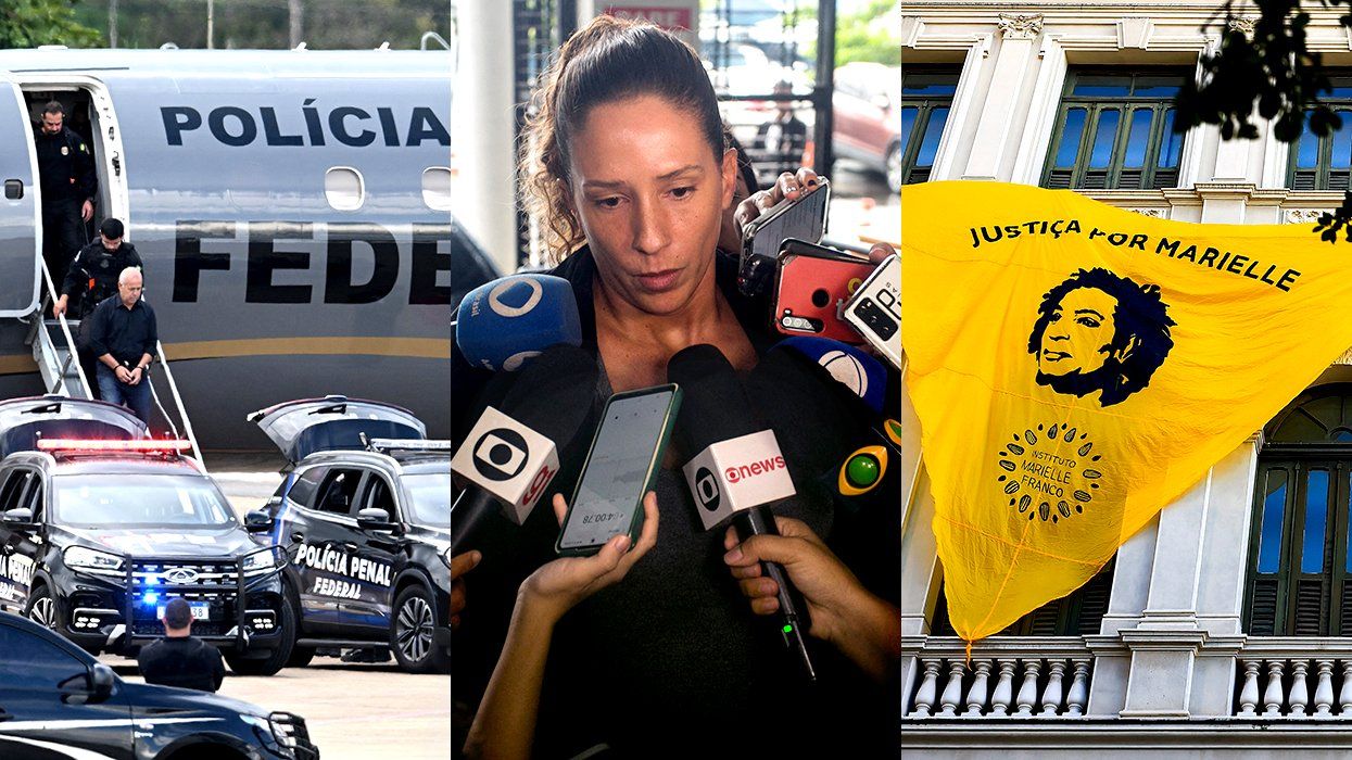 Counselor Rio de Janeiro Court of Audit Domingos Brazao exits Federal Police aircraft wearing handcuffs arrested Councilwoman Monica Benicio widow murdered Brazilian rights activist politician Marielle Franco banner Justice for Marielle