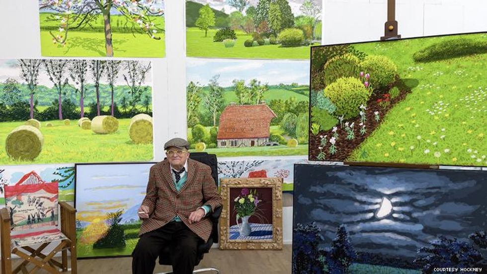 David Hockney with Art from his 2021 gallery show