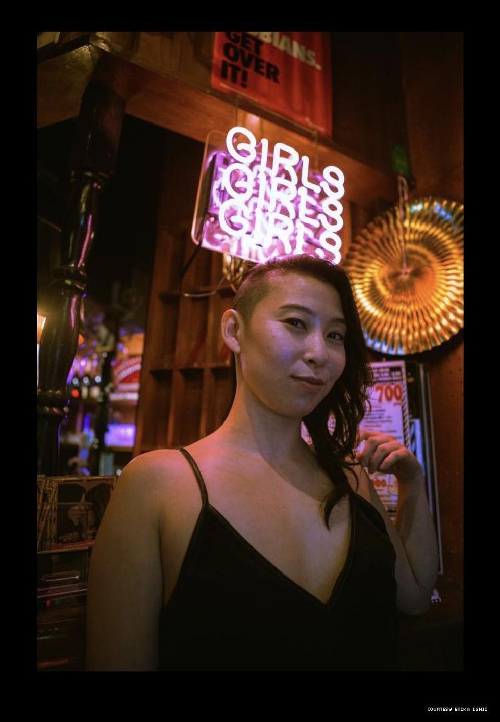 Erika Ishii in Tokyo in front of Goldfinger All Girl Bar