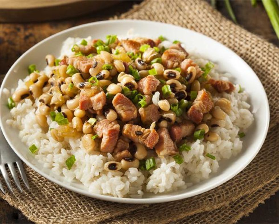 Hoppin' John is a dish of pork-flavored field peas or black-eyed pea