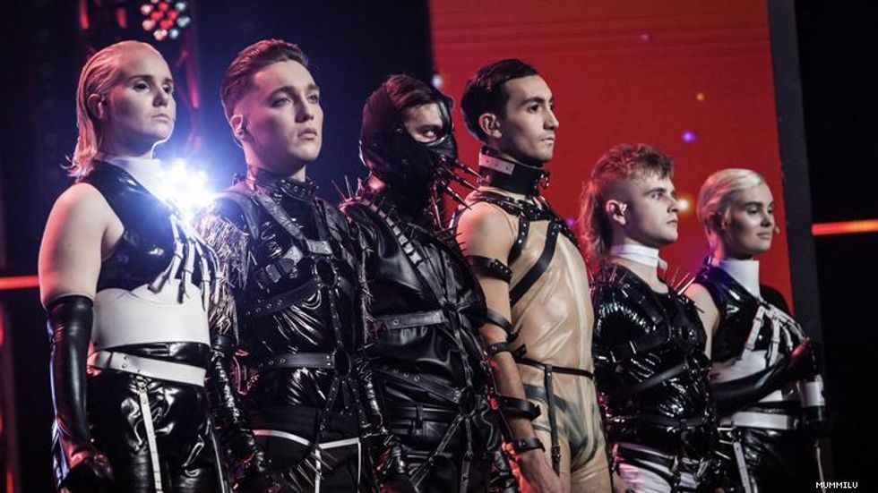 Iceland band Hatari with backup performers on stage in 2019