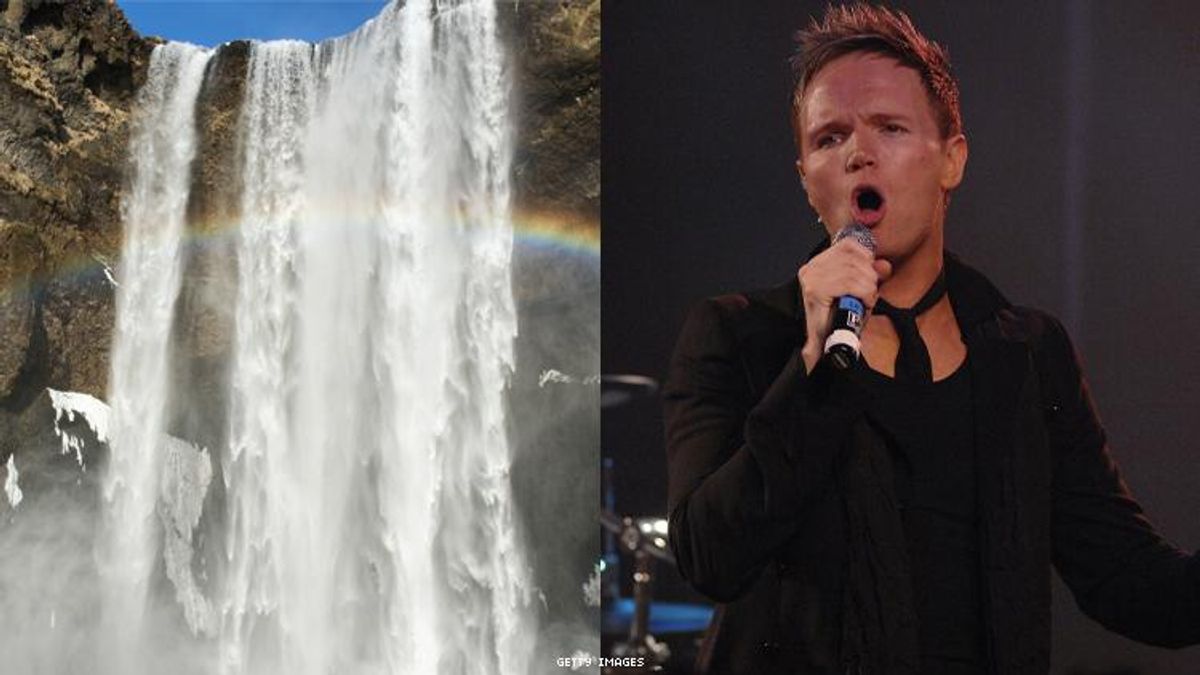 Image of an Iceland Waterfall and gay Icelandic singer Fridrk Omar