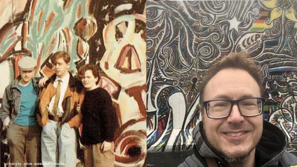 Jacob Anderson-Minshall at the Berlin Wall in 1985 and 2019