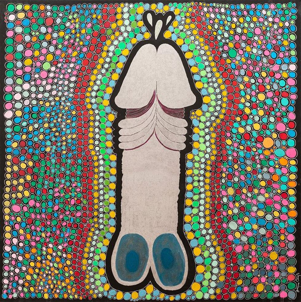 Jayne County, Fertility Penis #1, 2020, acrylic and ink on canvas, 36 x 36 inches
