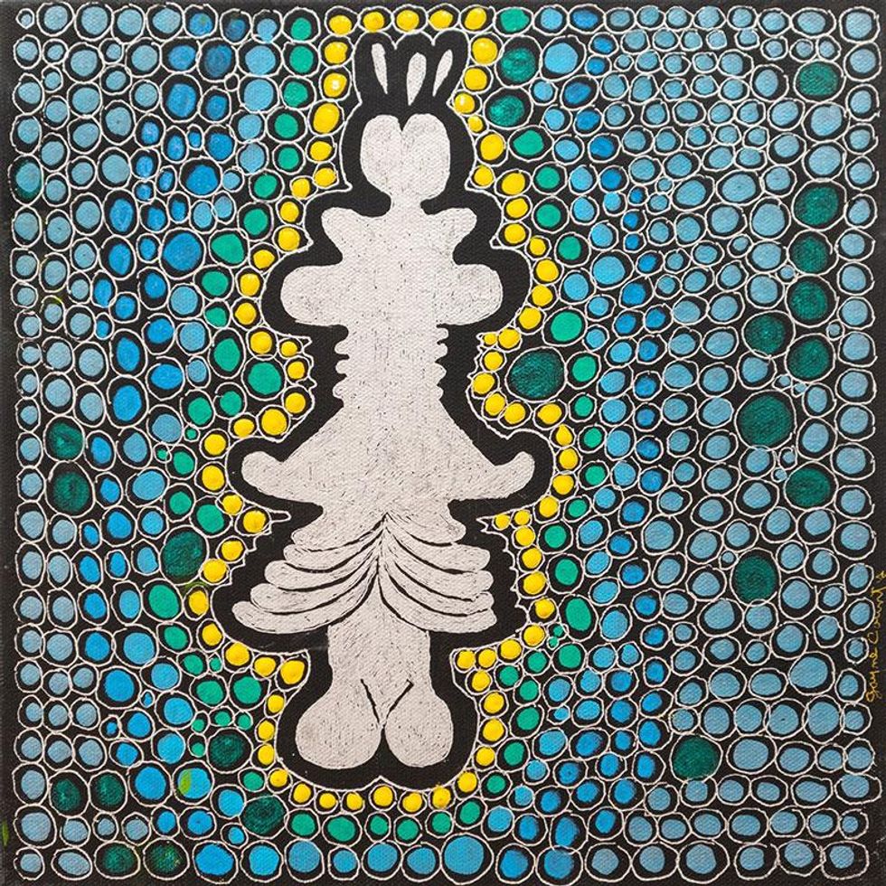 Jayne County, Golden Pagan Cock, 3000 B.C., 2020, acrylic and ink on canvas, 12 x 12 inches