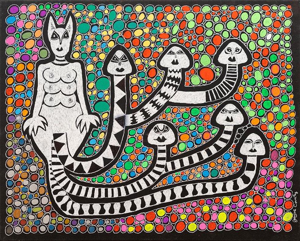 Jayne County, She 6 Cocks, 2019, acrylic and ink on canvas, 16 x 20 inches