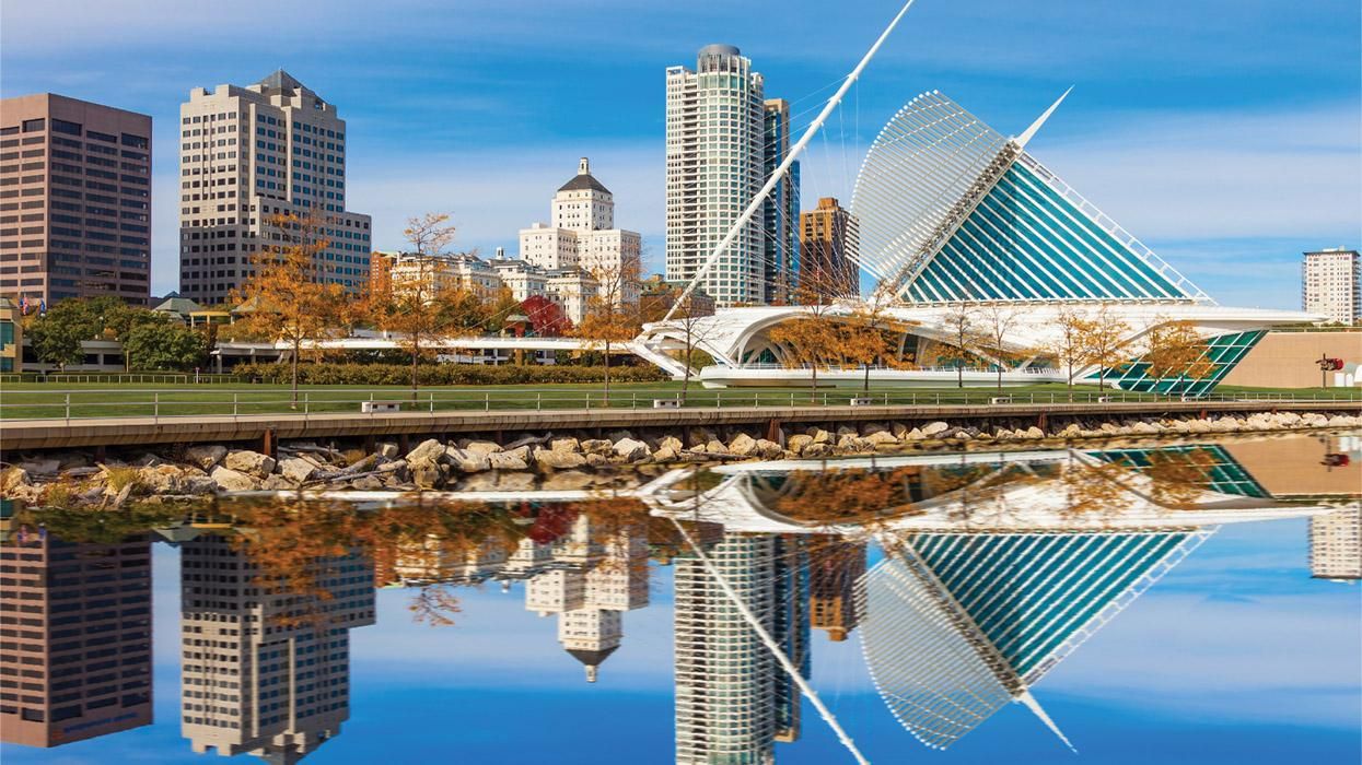 Milwaukee skyline reflected in water
