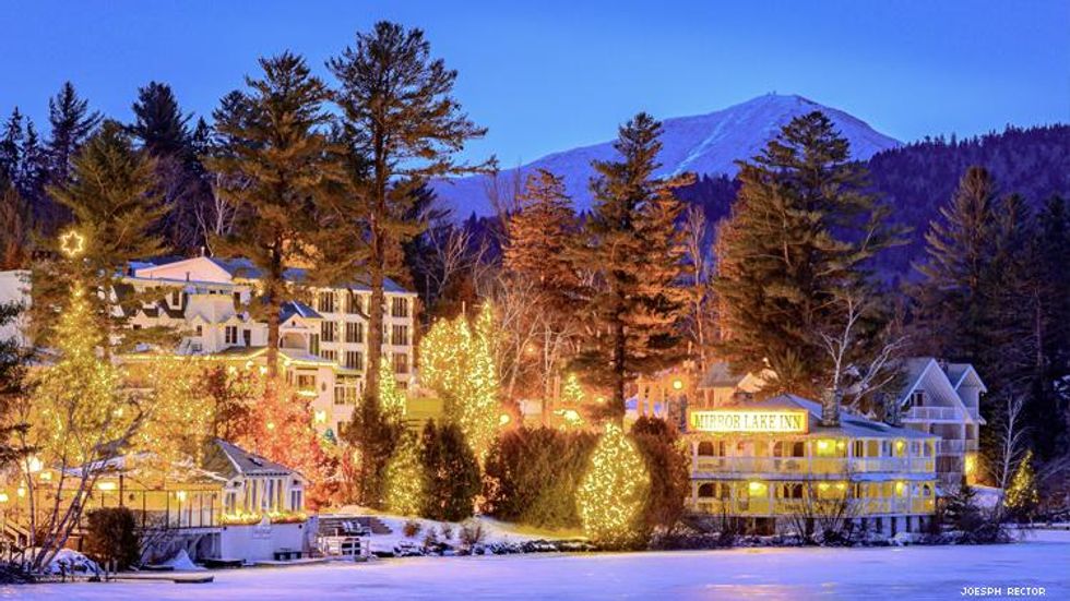 Mirror Lake Inn photographed from across the lake at dusk