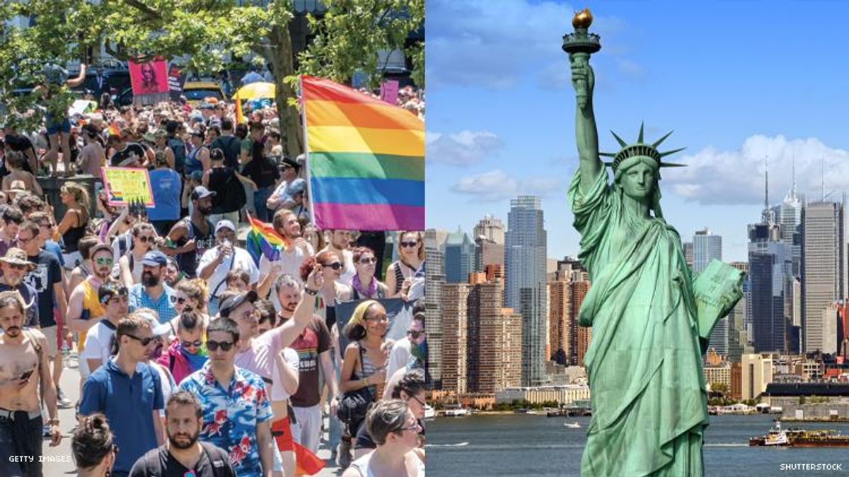 New York Pride on the left, the Statue of Liberty on the Right