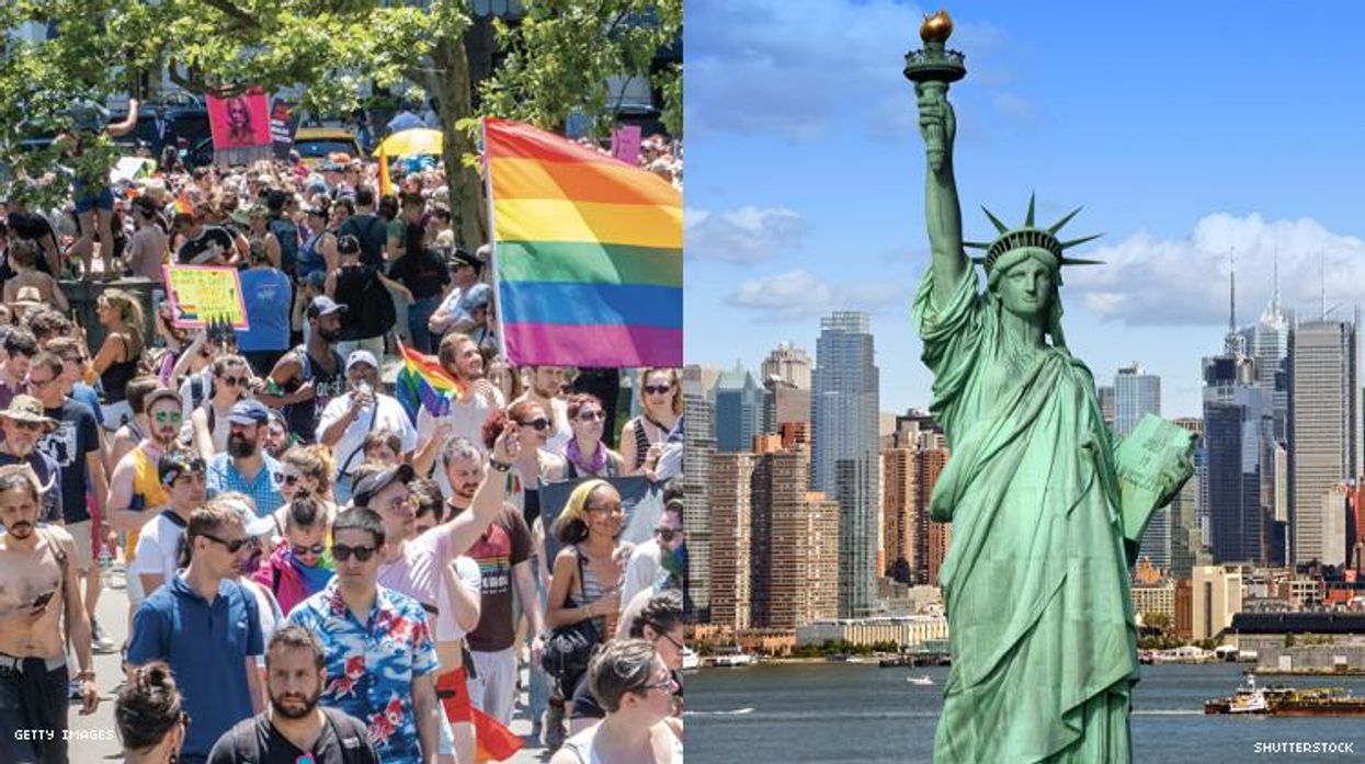 New York Pride on the left, the Statue of Liberty on the Right