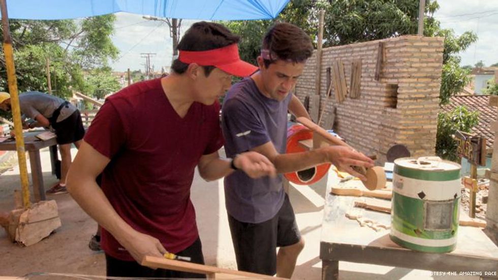 On Amazing Race James helping build a cello out of recycled material