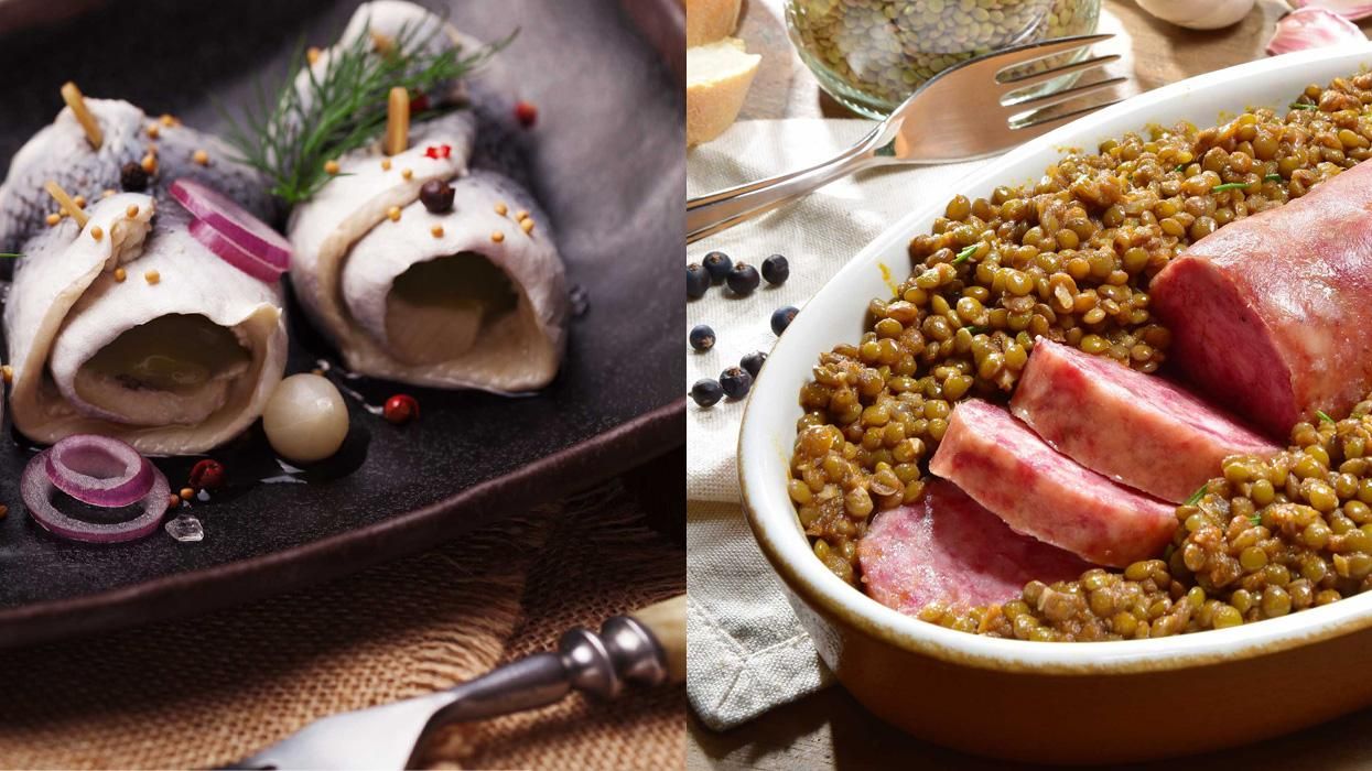 on left pickled herring on right Cotechino con Lenticchi