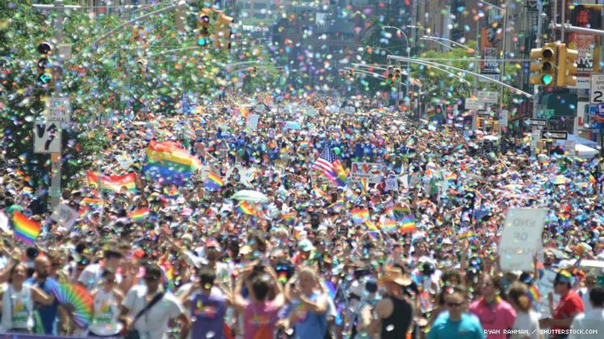 Photo of 2019 World Pride, with thousands of LGBTQ people in a NYC street