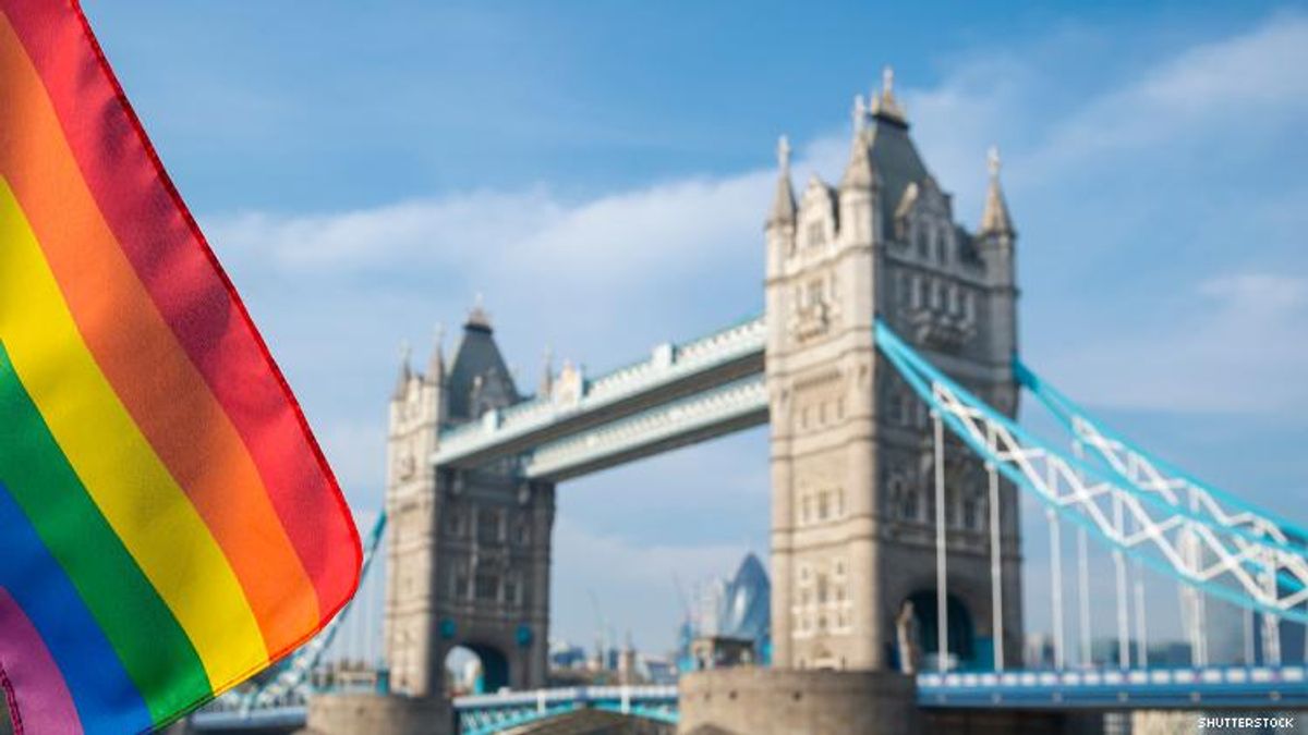 Rainbow flag flies in front of London's iconic bridge and skyline