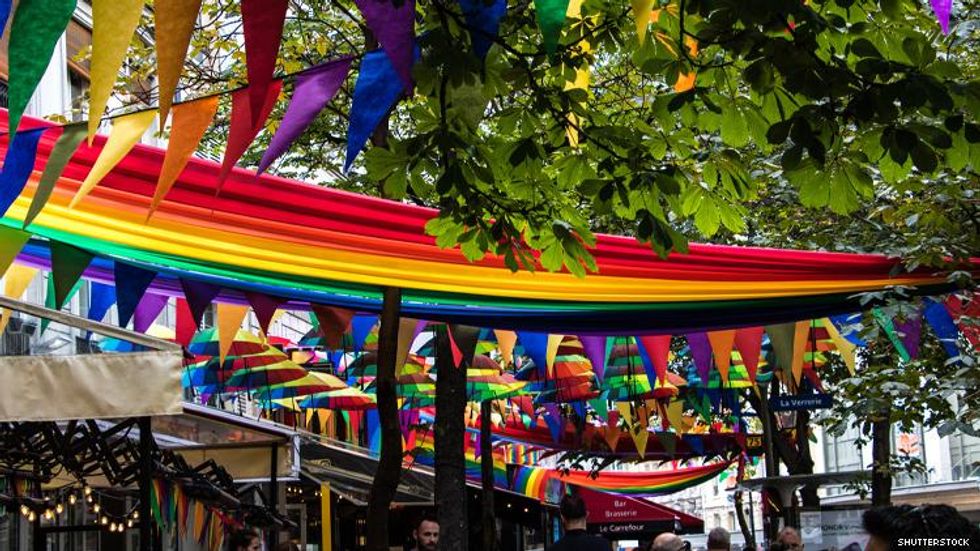 Rainbow flags in the Le Marais Neighborhood of Paris