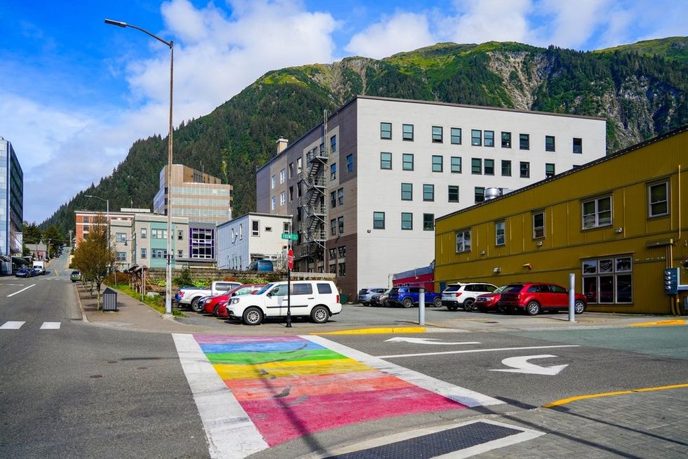Rainbow pedestrian crossing on Front Street in downtown Juneau, Alaska