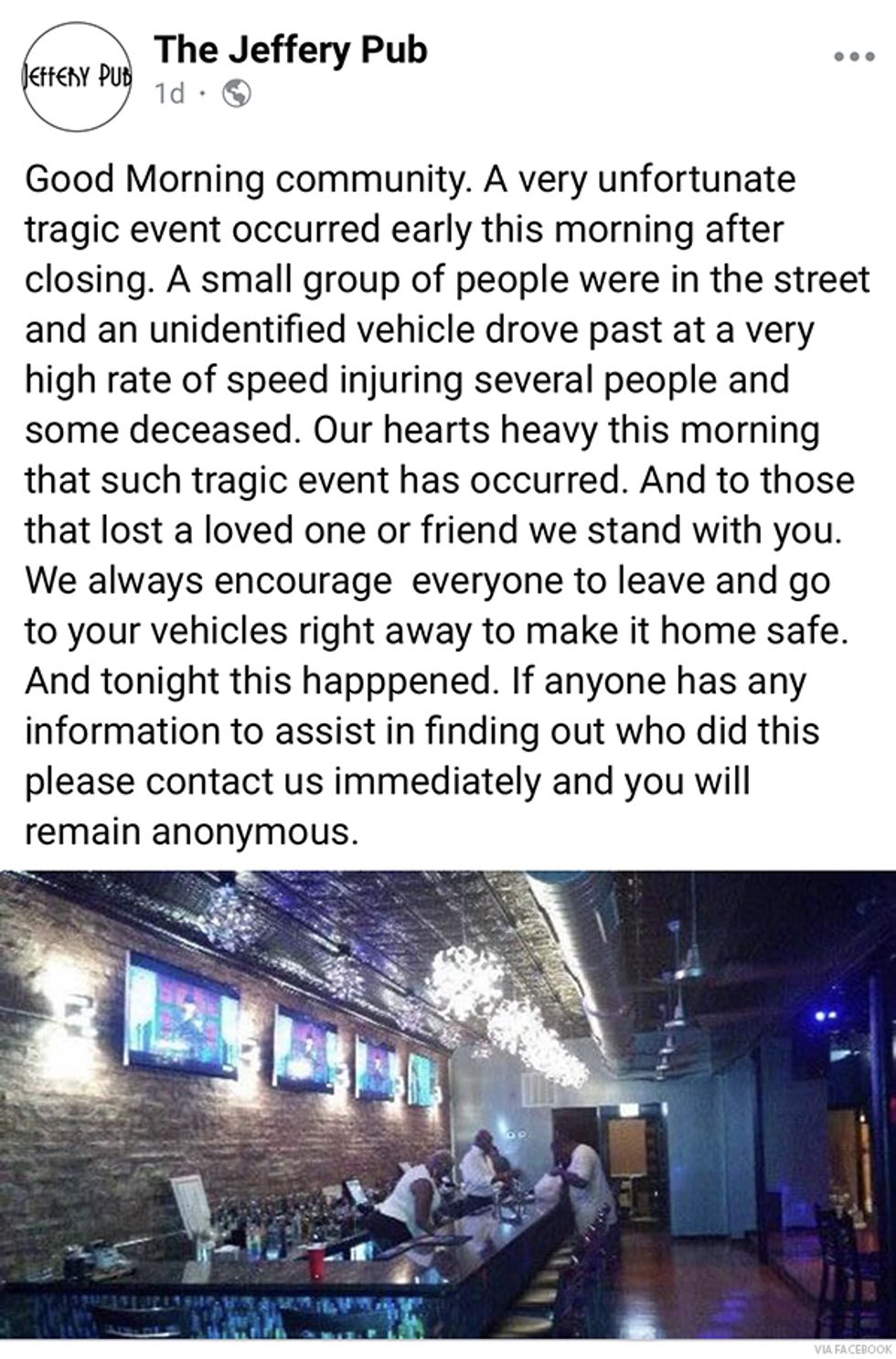 Screen shot of Jeffrey Pub Facebook post