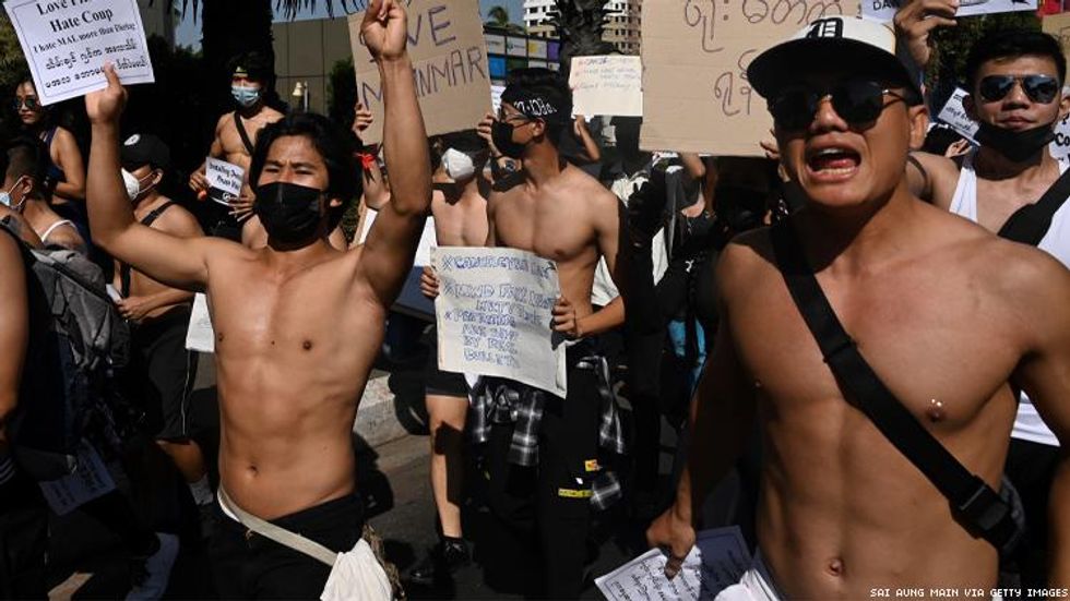 Shirtless bodybuilders join protests in Myanmar