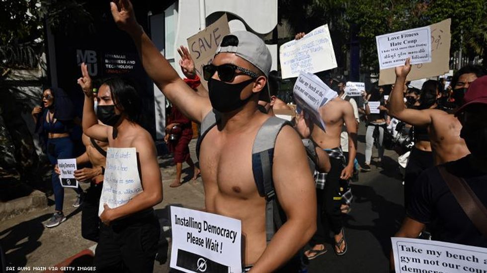 Shirtless bodybuilders join protests in Myanmar