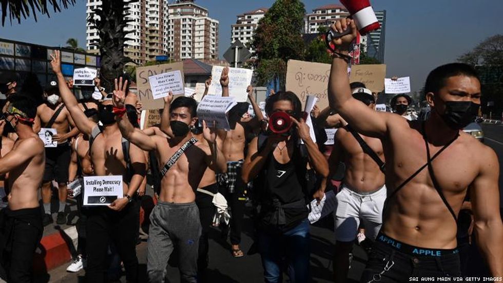 Shirtless bodybuilders join protests in Myanmar