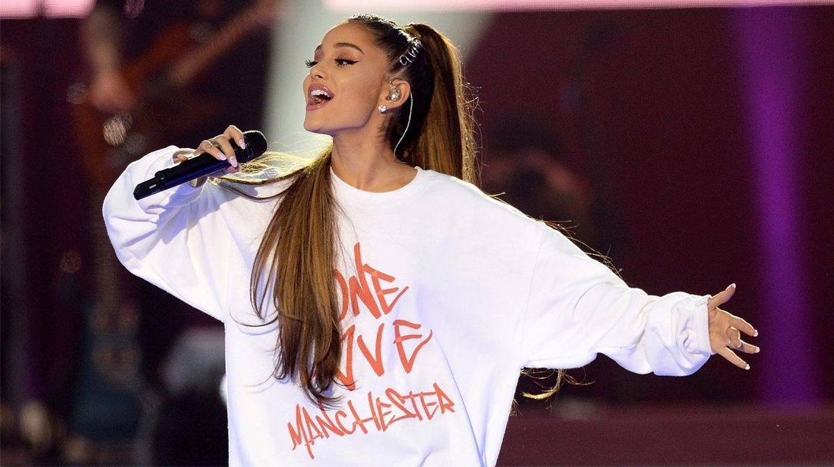 Singer Ariana Grande wearing One Love Manchester sweatshirt