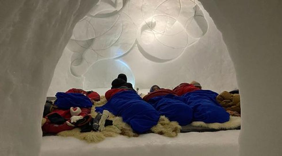 Sleeping bags on fur inside Iglu-Dorf at K\u00fchtai, Austria
