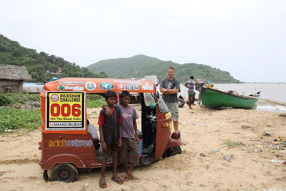 Still from Hit the Road a film about two men in a powered ricksaw traveling in India