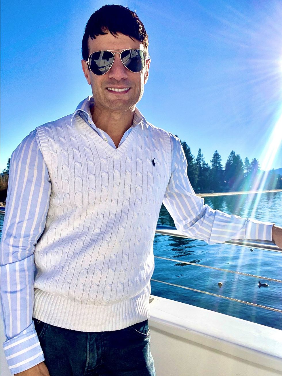 The author Joey Amato enjoying a Sunset Champagne Cruise to Emerald Bay