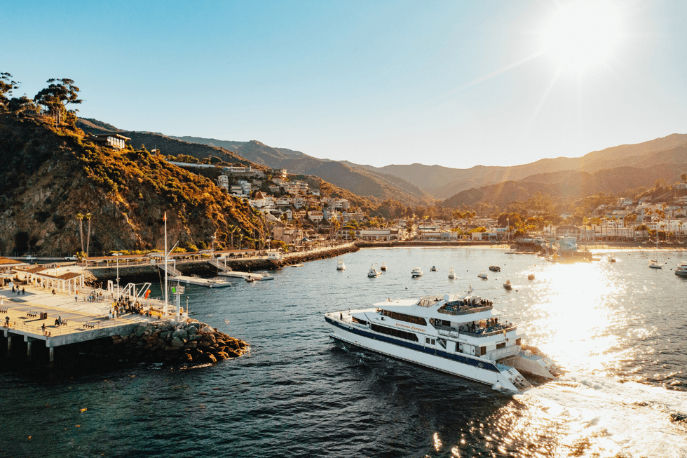 The Catalina Express ferry pulls into Avalon Bay during magic hour. 