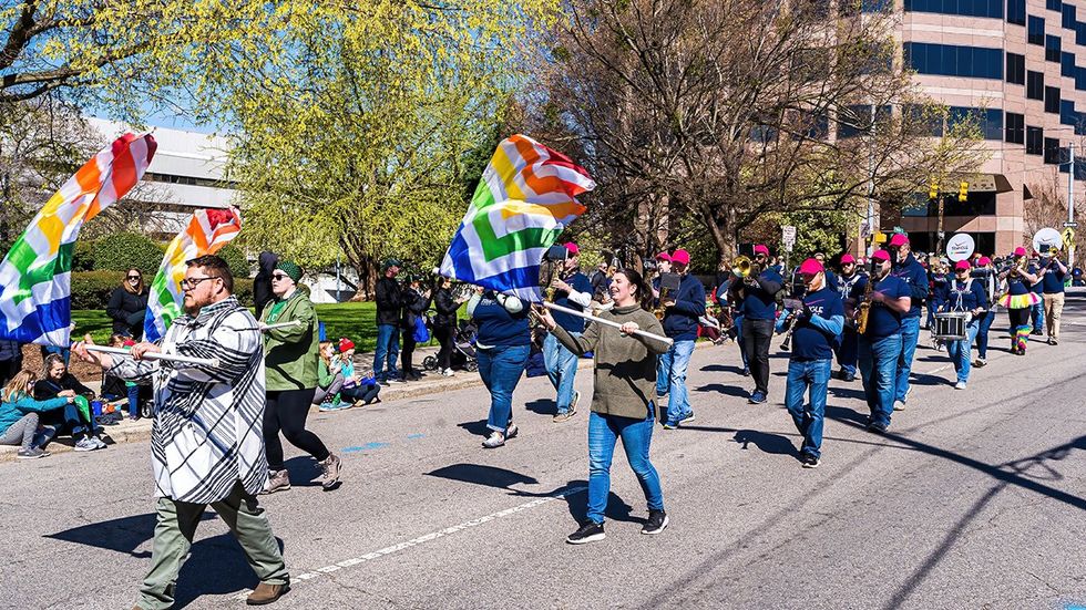 The LGBTQIA Triangle Pride Band performs in the Raleigh, North Carolina, St. Patrick's Day Parade in 2023