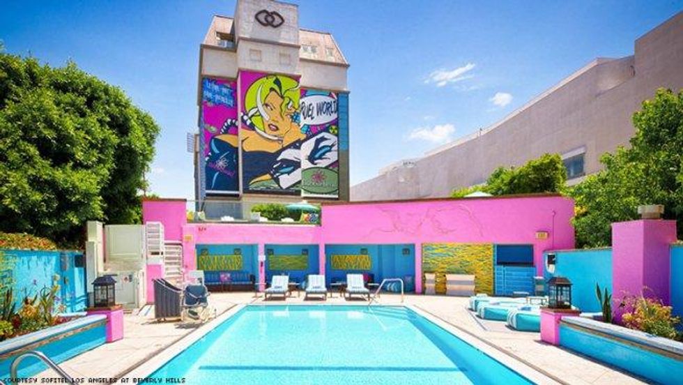 The midcentury modern pool area.