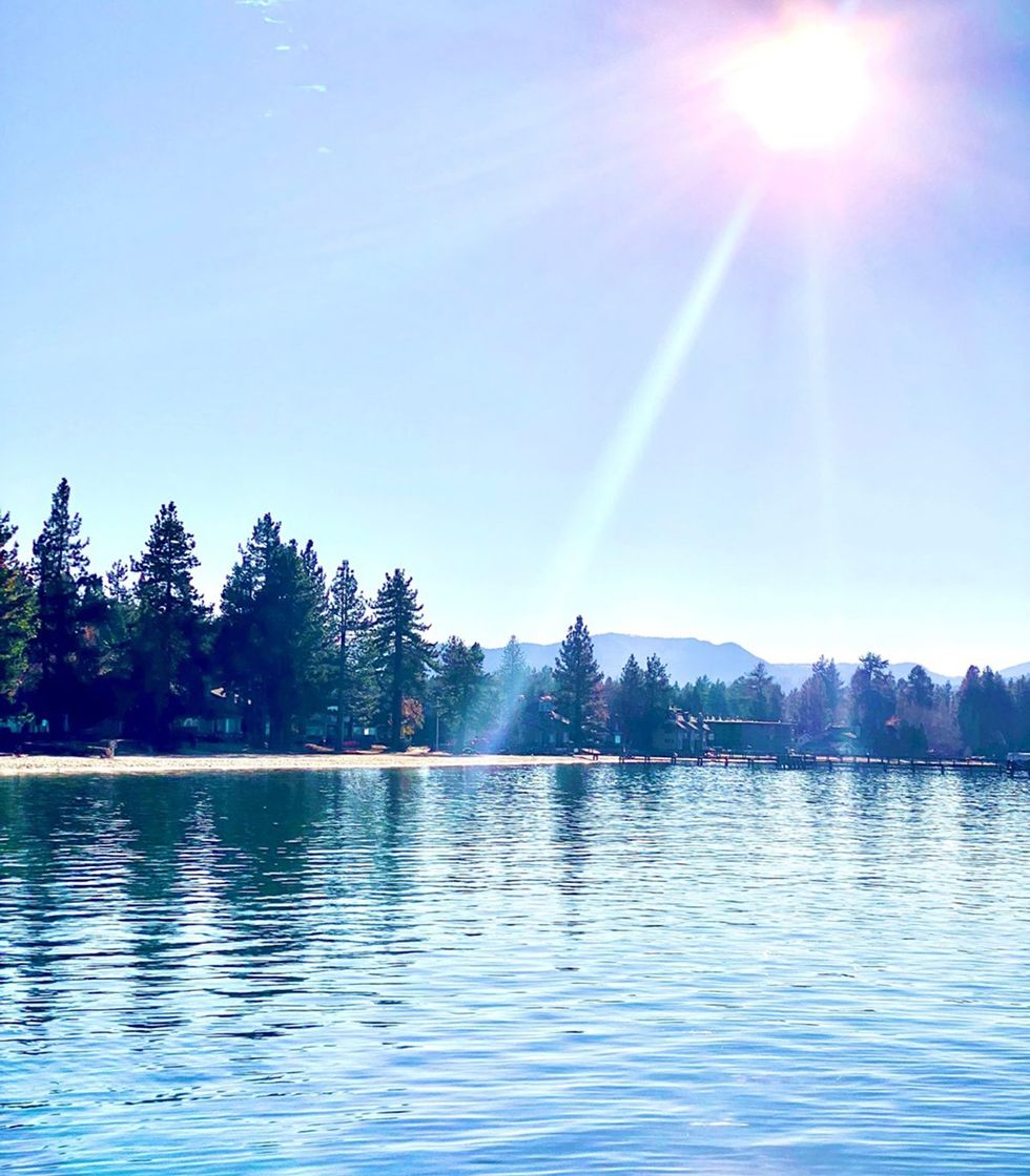 The sun shining on Lake Tahoe