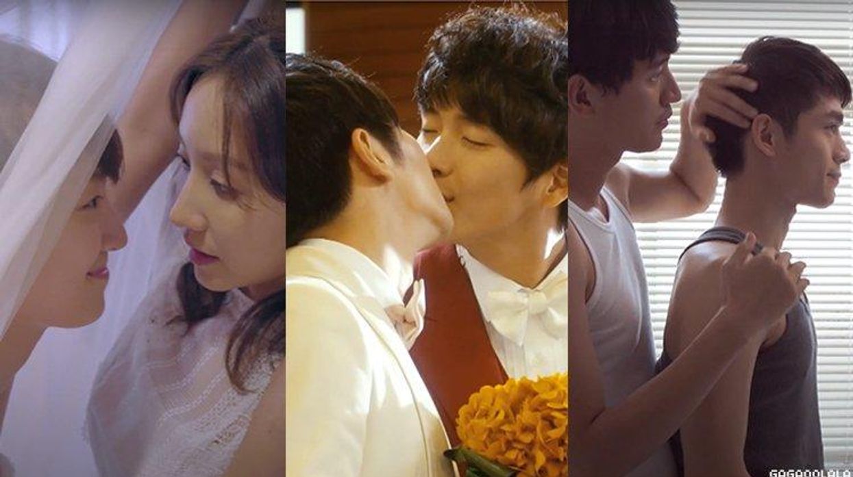 Three images of gay Asian couples representing films and shows of the LGBTQ streaming service Gagaoolala