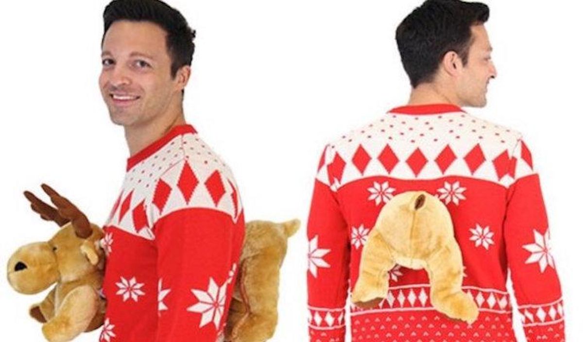Ugly holiday sweater with moose and hot guy