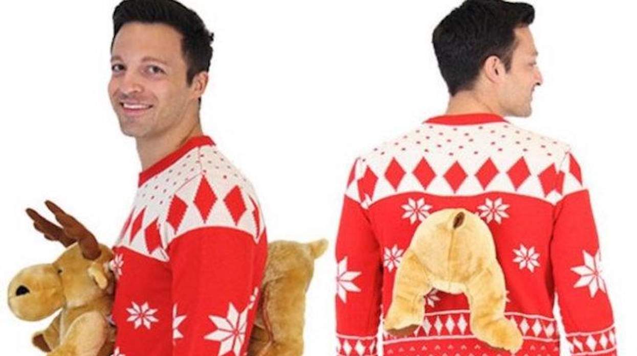 Ugly holiday sweater with moose and hot guy