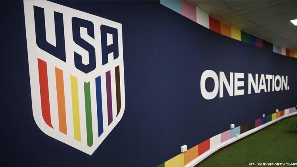 US Team logo in rainbow at pre-Qatar training facility