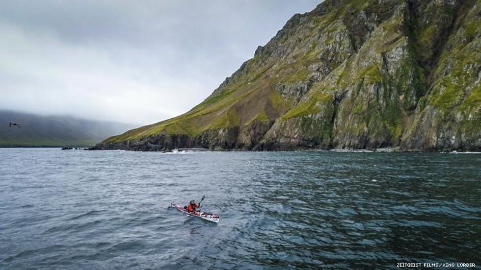Veiga kayaking near cliffs Against the Current documentary